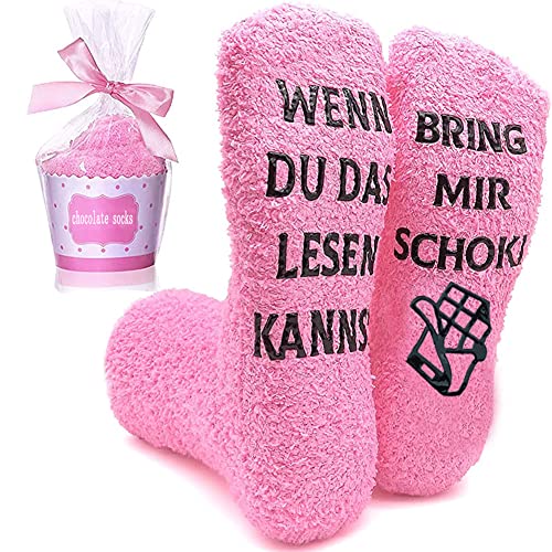 Zemolo Lustige Socken Geschenke für Frauen Kuschelsocken WENN DU DAS LESEN KANNST Socken Spruch Schoki Witzige Socken Damen Weihnachtssocken