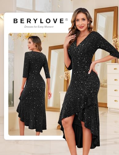 BeryLove Women Sequin Formal Cocktail Glitter Dress 3/4 Sleeve Evening Gown Party Homecoming Wedding Ruffle Hi Low Dresses2