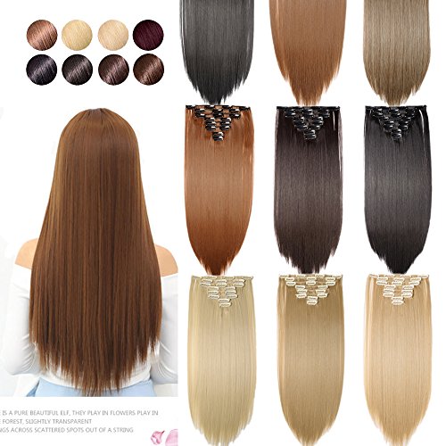 S-noilite 23" Long Straight Curly Medium Brown 8 Pieces Clip in on Hair Extensions Full Head Set Thick Hairpiece Synthetic Hair Extensions for Girl Lady Women USA Local Post