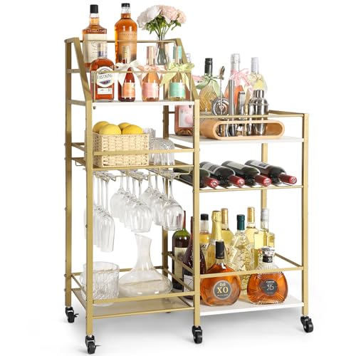 Image of VINAEMO Gold Bar Cart With Wine Glass Holder, Stand for Home, Small Mini Bar for Whiskey Wine, Liquor Cart, Alcohol Cabinet for Kitchen, Dining Room