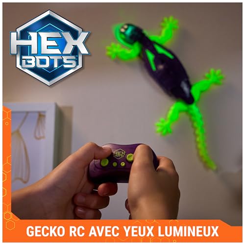 Hex Bots - Gecko Radiocommandé Phosphorescent Qui Rampe sur Le Sol Et Les Murs - Lézard Télécommandé avec Yeux Lumineux - Pilotage Facile - Câble USB Inclus - Jouet Enfant 4 Ans et +