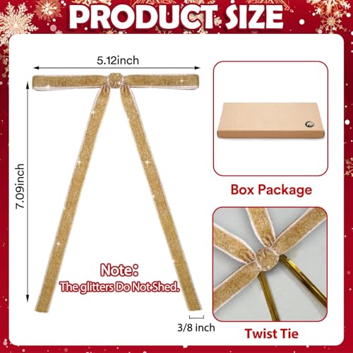 Image of 24 PCS Velvet Bows Christmas Ornaments Decorations, Sparkly Glittery Gold Khaki Velvet Christmas Tree Bows Decor, Unique Vintage Elegant Xmas Home Holiday Decor for Tree Mantle Wreath Gift Wrapping