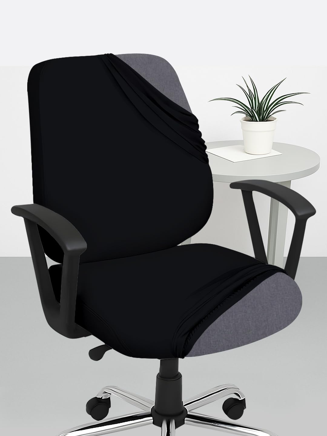ITSPLEAZURE Black 2 Piece Set of 1 Office Chair Cover 200GSM Fabric Stretchable Elastic Polyester Removable Washable Office Computer Desk Executive Rotating Chair Seat Covers Slipcover Protector