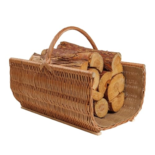 BOGATECO Cesta de mimbre con asa, cesta grande para chimenea, 60 x 45 x 30 cm, tejida a mano, cesta de madera con refuerzo