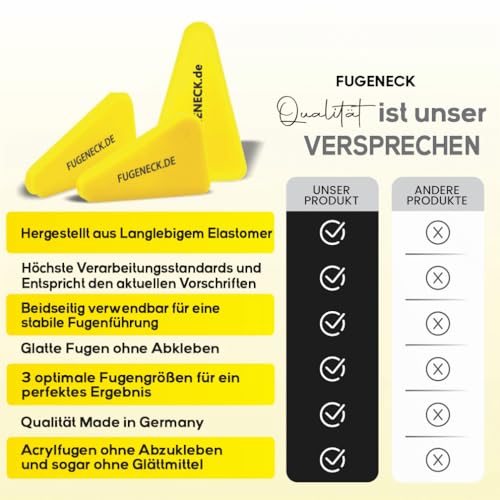 FUGENECK® - Profi Fugenabzieher - einzigartiges Design mit speziellen Überkanten - 3 verschiedene Fugengrößen - Acryl und Silikon Werkzeug aus Deutschland (3 Stück Gelb)