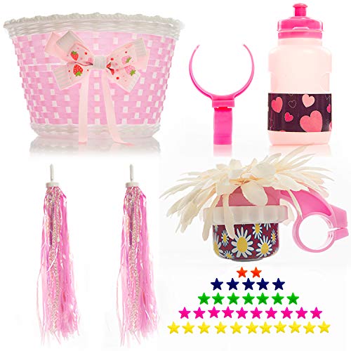 Girl’s Bicycle Decorations Set - Fun Bicycle Decor w/Beads, Rear View Mirror, Mounted Water Bottle, Handlebar Streamers & Basket - Complete Bike Decoration for Kids