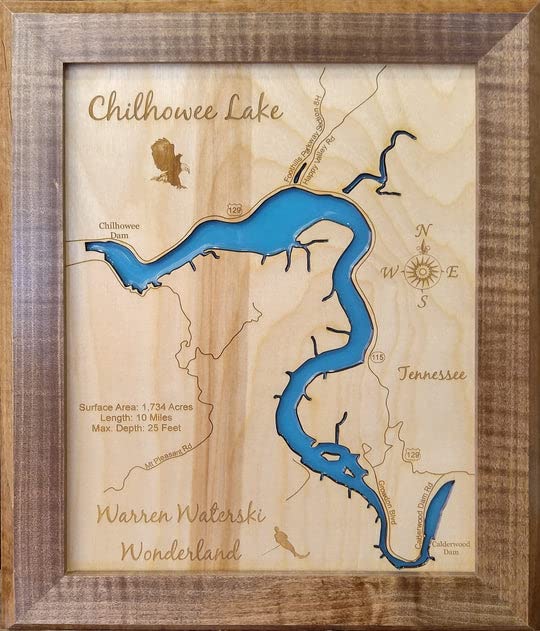 Chilhowee Lake, Tennessee Framed Wood Laser Engraved Map Custom Text Included