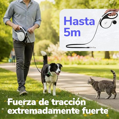 Miniatura 4 de Zenova Pets Correa Perro Extensible 5 Metros, Correas Para Perros De Nailon Resistente Hasta 30 Kg 66lbs, 360 Antienredos Con Portabolsas Para Bolsas Higiénicas, Paseo Y Entrenamiento