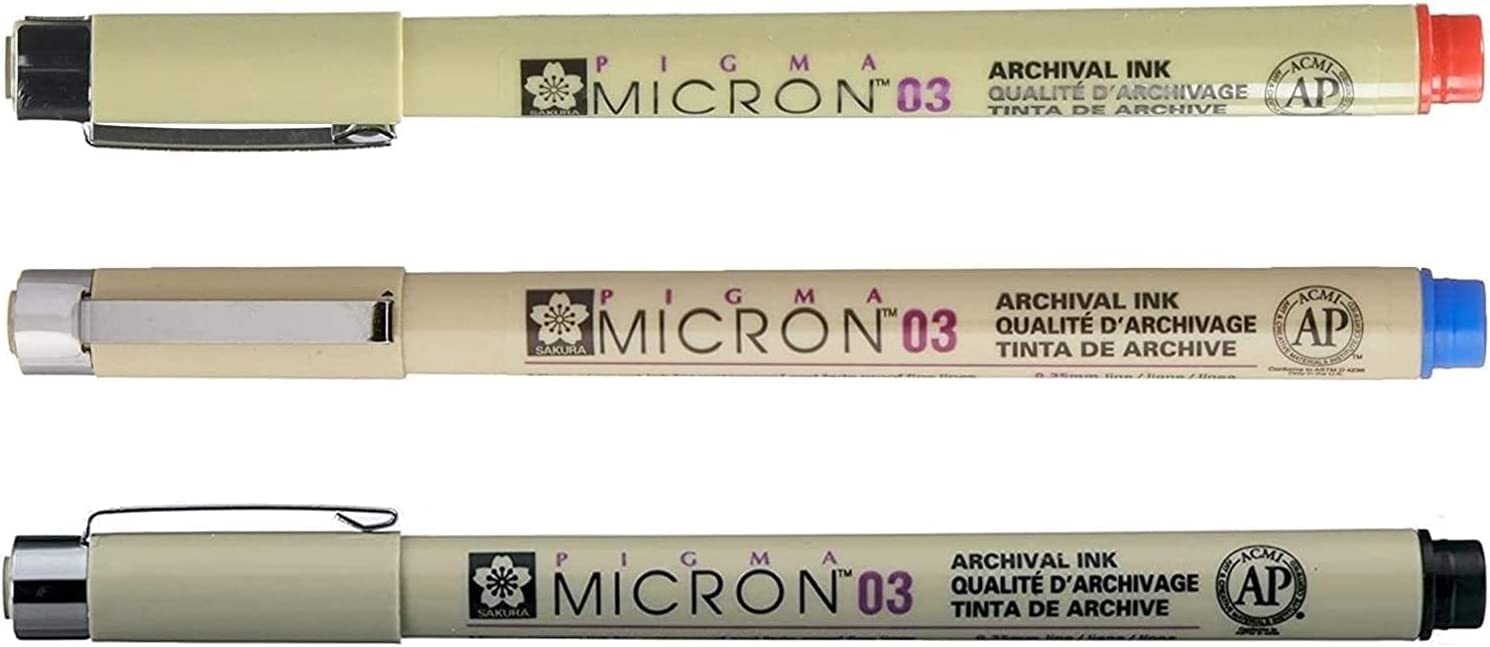 PIGMA MICRON Sakura 03(0.35mm) lote de 3 colores, rojo, azul,negro. fabricado en Japón (importación de Francia)