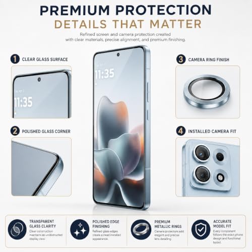 Image of ArmourPro Edge to Edge Tempered Glass for Motorola Edge 70 Max with Blue Camera Ring Guard, 9H Screen Protector, Anti-Scratch, Anti-Fingerprint, Bubble-Free Installation Kit