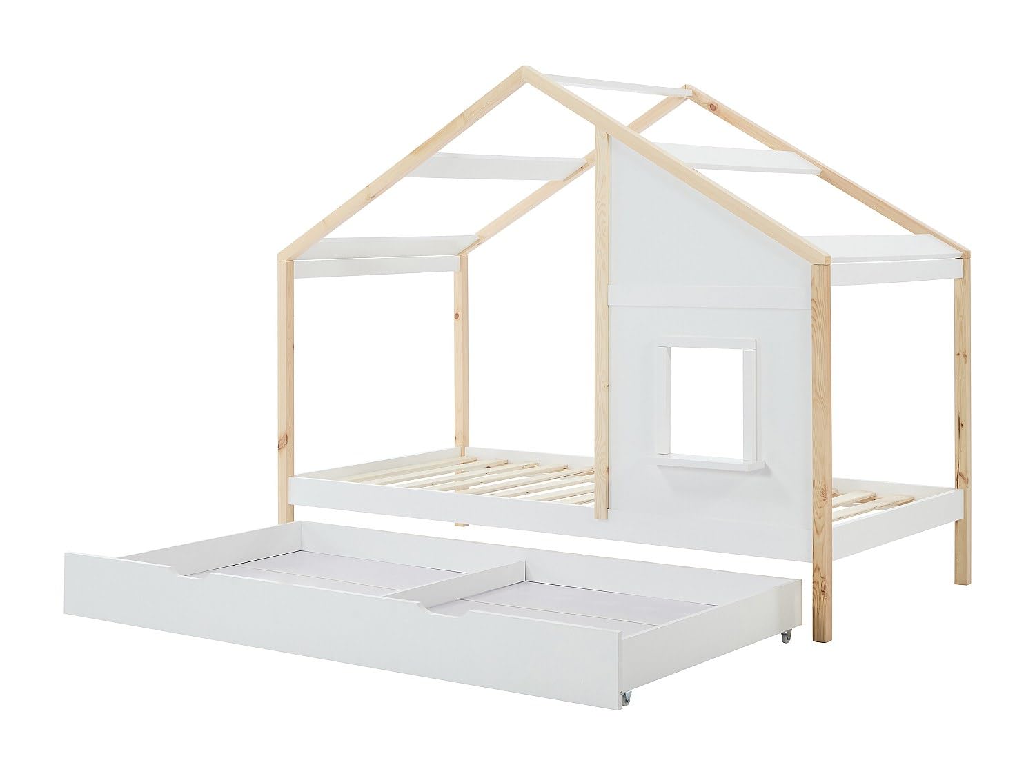Vente-unique - Lit cabane 90 x 190 cm avec tiroir - Pin et MDF - Coloris : Blanc et Naturel - RINELYA - pour Enfant