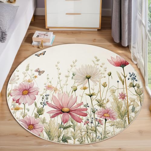 Alfombra Redonda Salon Flores Frescas De Acuarela 90cm, Alfombra Circular Rosa Lavable, Antideslizante de Pelo Corto Suave Flores Mariposas Alfombras para Dormitorio Salón Lavandería Entrada