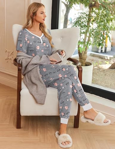 Image of Ekouaer Pajamas for Women Set 2 Piece Fall Lounge Sets Short Sleeve Pjs Joggers Long Pants Sleepwear with Pockets