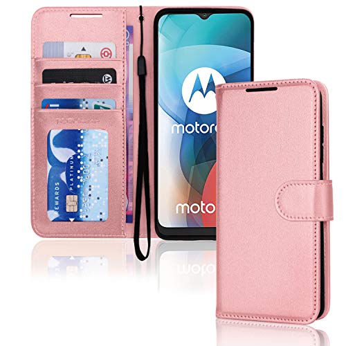 TECHGEAR Funda Compatible con Motorola Moto E7 - Magnético Carcasa Protectora de Cuero con Ranuras para Tarjetas, Soporte y Correa de muñeca - Polipiel para Moto E7 Funda (Oro Rosa)