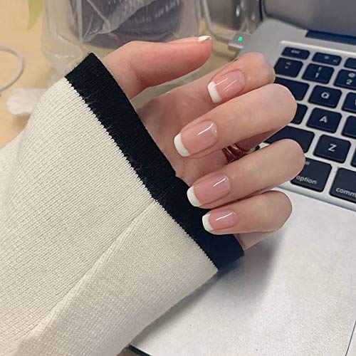 24 Pcs French Press on Nails Medium Length, Coffin Ballerina Fake Nails Set, Full Cover Acrylic Artificial Nails False Nails Tips for Women and Girls (Simple French)