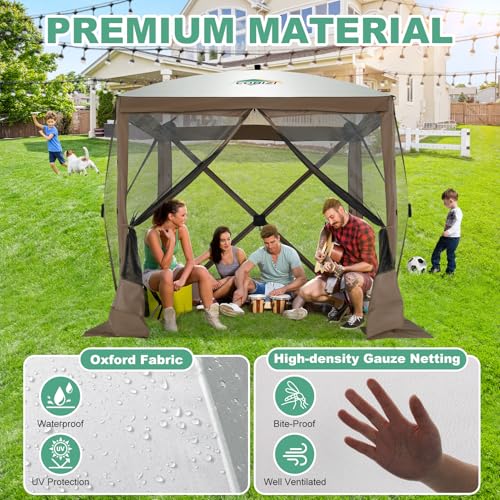 Image of COBIZI 6x6 Pop up Gazebo Tent on Clearance, Ez up Waterproof Screen Tent Screen House with 3 sidewalls,Portable Outdoor Canopy with Carry Bag & Ground Stakes for Camping,Garden and Picnics, Brown