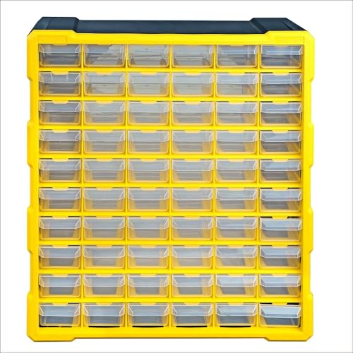 Image of Alkon ACO60 60-Drawer Plastic Component Organiser | Multipurpose Small Parts Storage Box for Jewellery, Electronics, Hardware, Pharmacy & DIY | Wall Mountable & Removable Dividers (Black & Yellow)