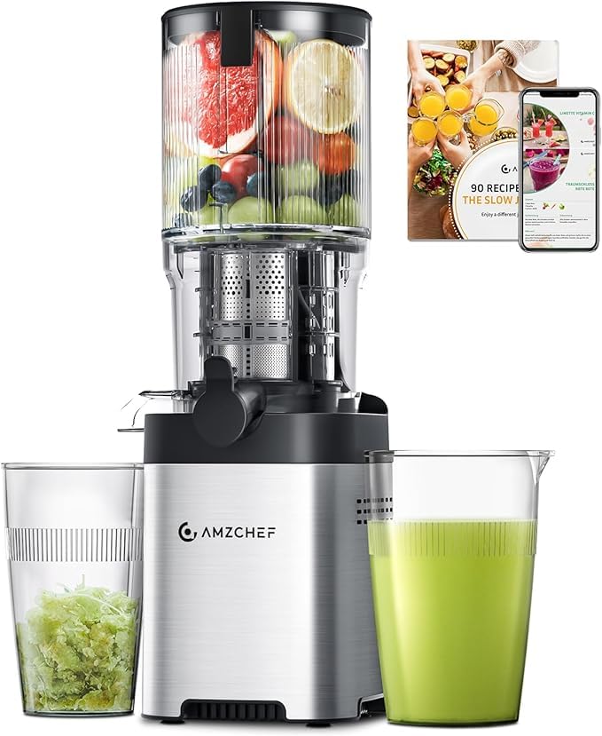 AMZCHEF Juice Extractor with Two Augers for Hands-Free Filling and Chewing - Juice Extractor with 126mm Opening and Large Capacity for Whole Fruits and Vegetables