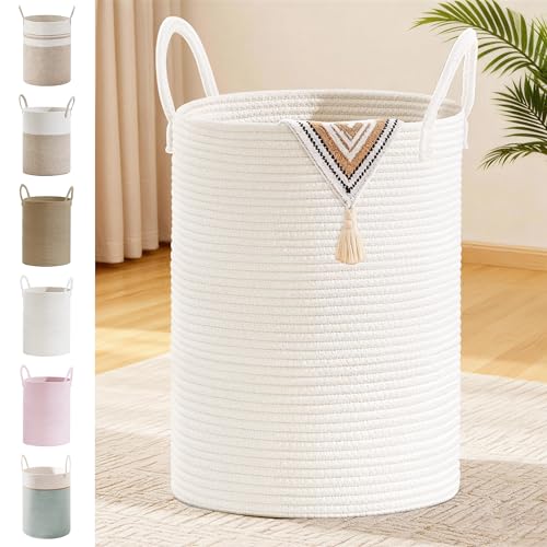 Image of 100L Extra Large Tall Cotton Rope Laundry Basket with Handle, White