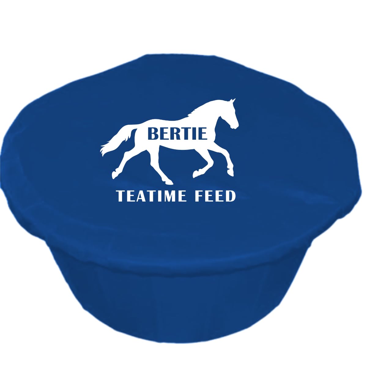 Personalised Horse Feed Bucket Covers, Multi-Coloured, Morning and Teatime Feed Design or Custom Text (White Vinyl, Royal Blue)