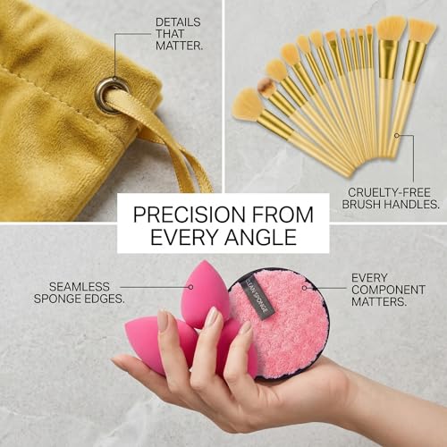 Image of 17Pc Makeup Kit Set - Premium 13-Piece Makeup Brush Set with 3 Makeup sponges & 1 Color-Removal Sponge - Soft Synthetic Bristles, Rose Gold & Cream Design with Velvet Travel Pouch - Complete Professional Beauty Tools (Clean sponge and makeup puffs , color may vary or multicolour) (Yellow)