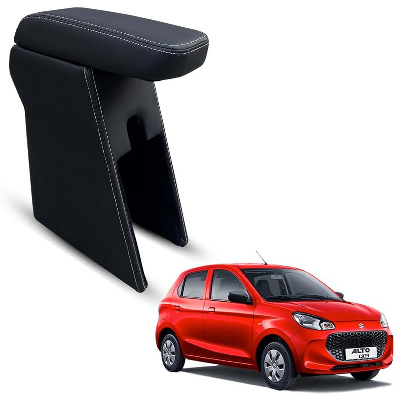 Image of Carigiri Premium Finish Car Armrest with Storage Box And High Density Moulded Foam For Alto K10 (Models-2021-2025) (White Seam,Nappa Leatherette)