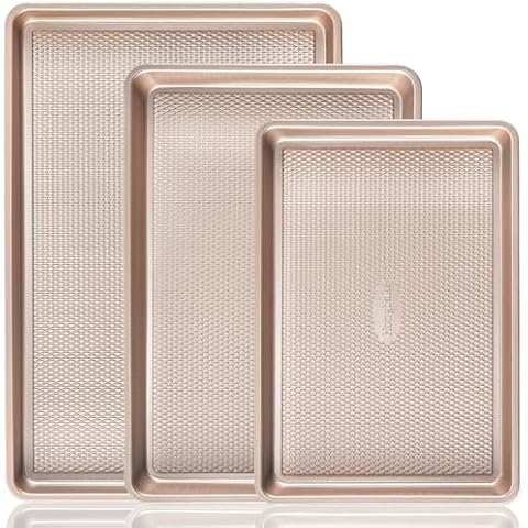 HONGBAKE Baking Sheet Pan Set, Cookie Sheets for Oven, Nonstick Half/Quarter/Jelly Roll Pans with Diamond Texture Pattern, Heavy Duty Cookie Tray Cover