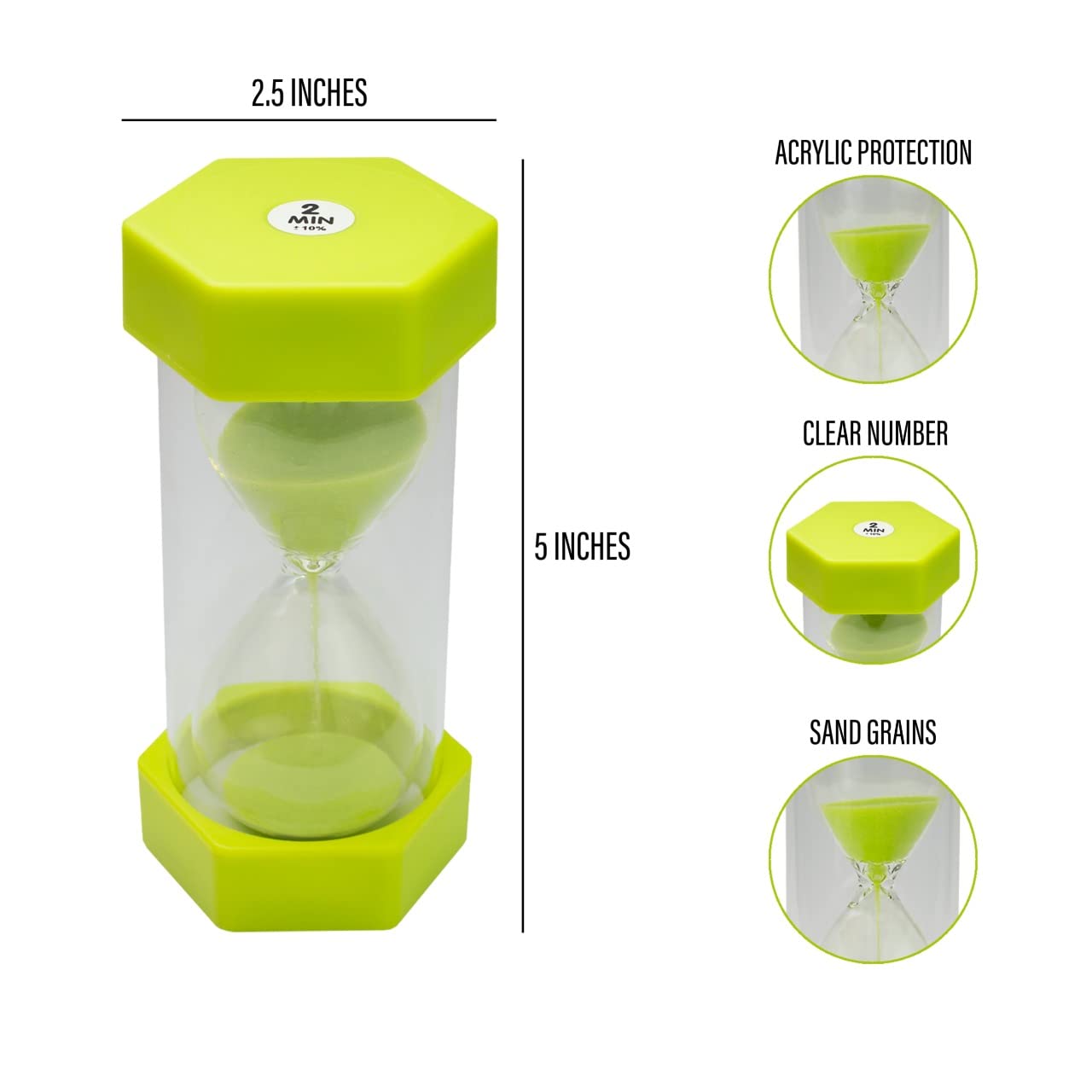 Clessidra per bambini, 2 minuti, verde, 12,7 cm, rivestimento acrilico per aula, casa e cameretta dei bambini, misura media, confezione singola