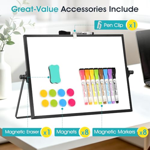 Image of Dry Erase Small White Board, 16 inch x 12 inch Desktop Whiteboard with Stand Black