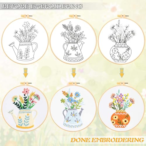Image of GLTAYLMY 3pcs Embroidery Starter Kit with Vase Pattern, Stamped Cross Stitch Kits for Beginners Adults with Embroidery Hoop and Instructions, Hand Embroidery Kit