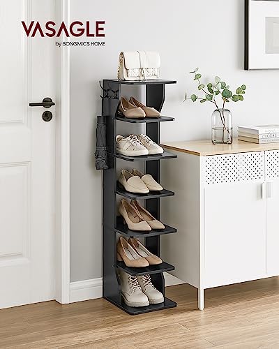 VASAGLE 7-Tier Vertical Shoe Rack, Narrow Shoe Storage Organizer with Hooks, Slim Corner Shoe Tower Rack, Space Saving for Entryway and Bedroom, Black ULBS200T16 - Image 3