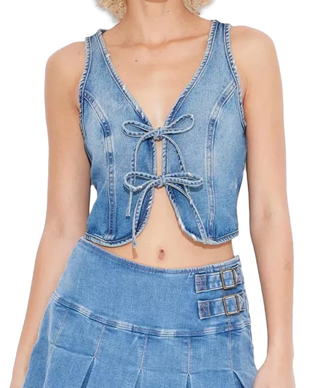 Women Vintage Y2K Denim Vest Sexy V Neck Button Down Cropped Jean Corset Sleeveless Waistcoat Tank Top Streetwear