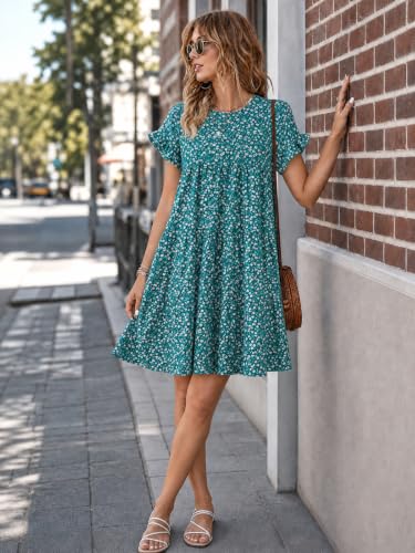 Image of Imysty Womens Boho Floral Ruffle Sleeve Babydoll Loose Flowy Casual Summer Pleated Mini Dress