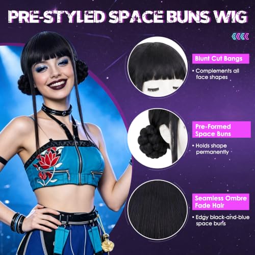 Image of S-noilite Zoey Black Blue Anime Wig with Space Buns and Bangs for Halloween