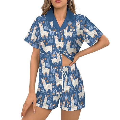 YSBKN Funny Llama Prints Women’s Pajama Set 2 Piece Loungewear Short Sleeve Soft Satin Sleepwear with Pockets XL