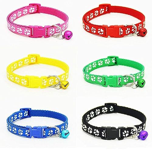 Image of Woofy Polyester Cat Collars - Paw Print Design, with Bell, Adjustable Strap and Safety Release Buckle, Modern Paw Print Design for Your Cute Cats (Pack of 2 Pcs) Random Color, 30 x 1 cm, multicolor