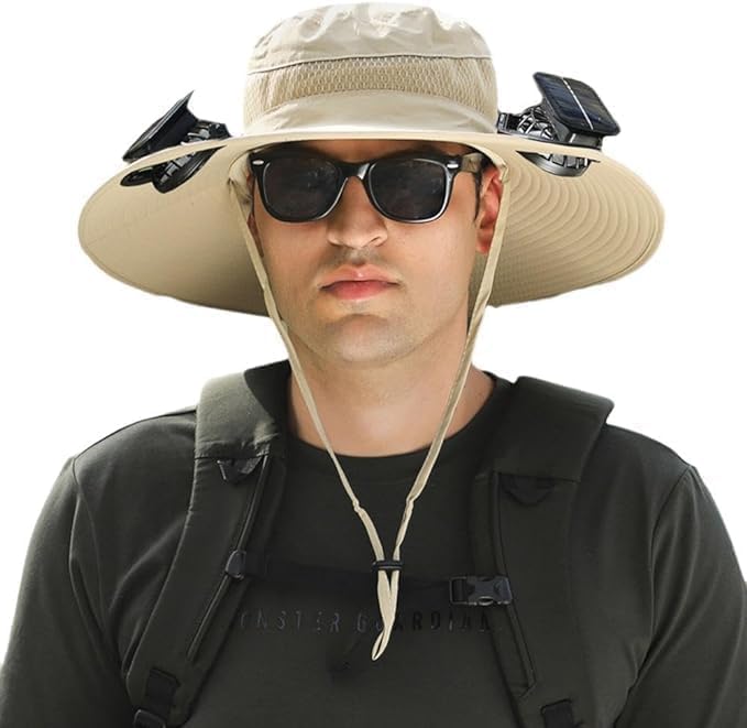 Solar Powered Fan Hat with 2 Removable Fans Wide Brim Sun Hat for Outdoor Fishing, Hiking Gardening, USB Solar Charging