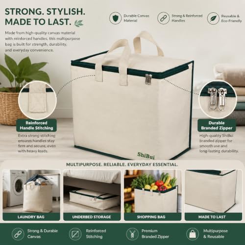 Image of SHIBUI Canvas Reinforced Cotton Handles with Multipurpose Clothes Storage Organizer & Grocery vegetable shopping and Covers Zip Bags. (Green, 4 Piece)