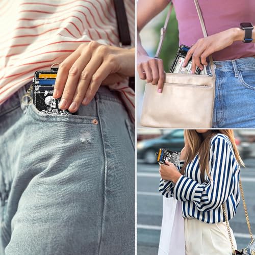 Image of Slim Wallet Credit Card Holder, Skeletons and Flowers, RFID Wallet Women Cute Small Front Pocket Wallet With Zipper, PU Leather Thin travel RFID Blocking Card Case ID Window,Ladies Gifts
