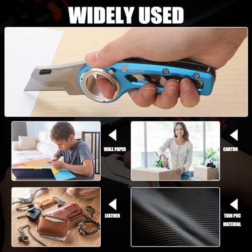 Image of Tondiamo 2 Pcs Folding Pocket Utility Knife Heavy Duty Box Cutter Folding Razor Knife with Anti Slip Finger Loop Easy Change Blades 3 Lock Positions Design (Blue)