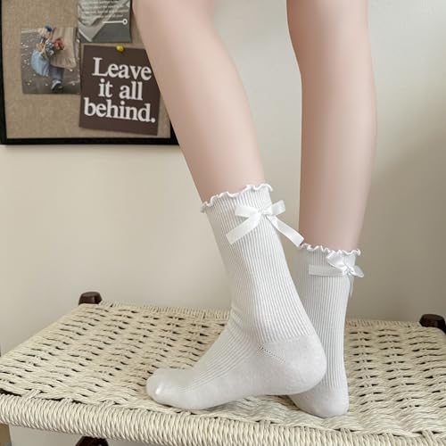 Image of Womens Bow Socks Ruffle Casual Crew Black Whitte Soft Breathable Cotton 4 Pairs Socks