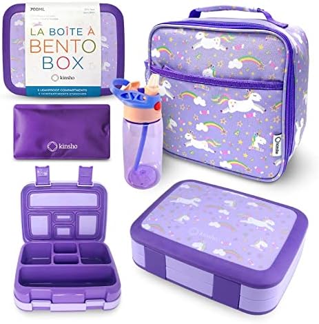 Bento Box with Insulated Lunch Bag, Ice Pack & Water Bottle Set for Kids - 5 Leakproof Compartments, Lunches or Snack Container for Girls, Toddlers Daycare Pre-School, Kindergarten Purple Unicorn