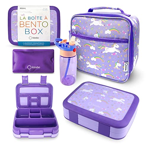 Bento Box with Insulated Lunch Bag, Ice Pack & Water Bottle Set for Kids - 5 Compartments, Lunches or Snack Container Girls, Toddlers Daycare Pre-School, Kindergarten Purple Unicorn