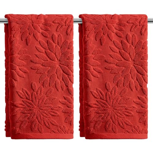 Artoid Mode 2 Pcs Red 3D Dahlia Floral Jacquard Hand Towels for Bathroom 100% Cotton Soft Absorbent Bathroom Decor Towels 13.7 x 29.5 Inch