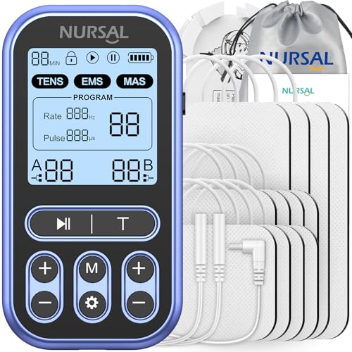NURSAL 60 Modes TENS Unit Muscle Stimulator for Pain Relief Therapy, 3-in-1 Dual Channel EMS Muscle Stimulator for Back, Shoulder, Neck, Knee, Sciatica, Rechargeable TENS Machine with 12 TENS Pads