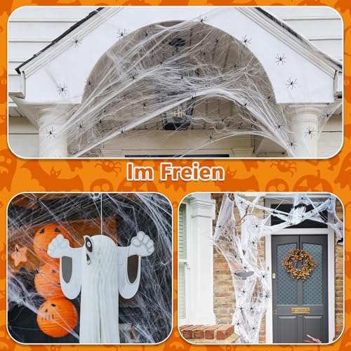 Halloween Spinnennetz Deko Outdoor im Dunkeln leuchtende- 200g Dehnbar Spinnennetz deko Mit 30 Stück Realistische Kunststoff Spinnen, Permanente Elasticität Fuer Garten Partys Spukhaus, Hof Dekoration