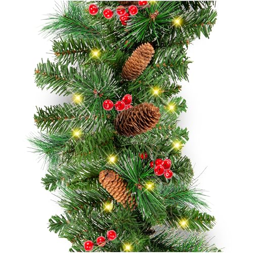 Best Choice Products 9ft Pre-Lit Holiday Pre-Decorated Christmas Garland for Stairs, Fireplace, Decoration w/PVC Tips, 50 LED Lights, Pine Cones, Berries