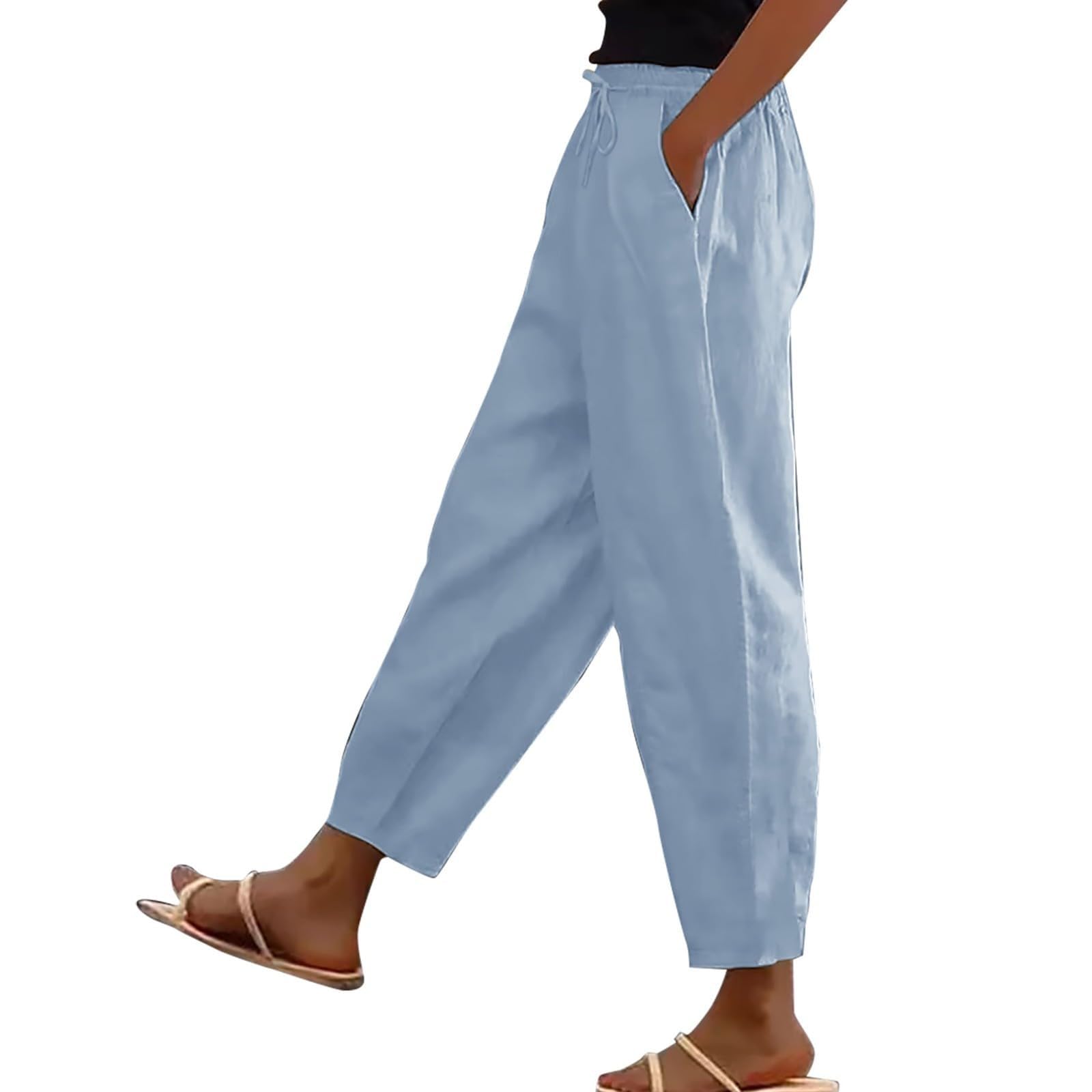 Linen Pants Women Summer High Elastic Waist Drawstring Palazzo Pants Straight Leg Slacks with Pockets