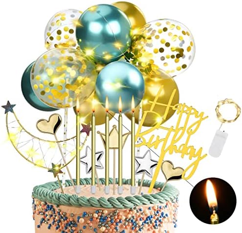 Golden Cake Toppers Happy Birthday- Balloon Cake Topper Decorations Alloy Half Moon LED String Lights - Cupcake Topper - Banner Confetti Balloon Rose Gold Candles Cake for Girl Kid Women Themed Party