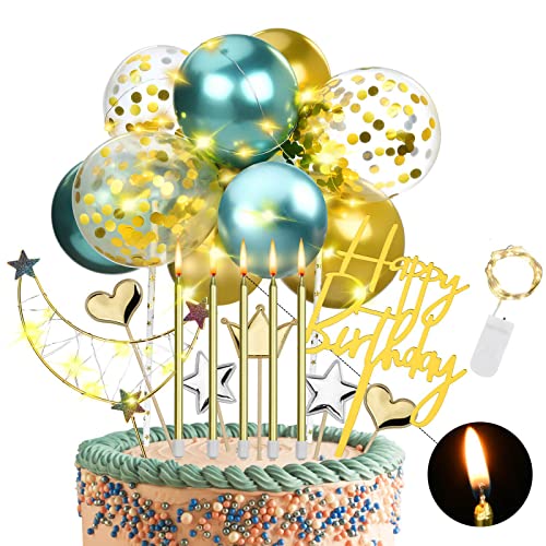 Golden Cake Toppers Happy Birthday- Balloon Cake Topper Decorations Alloy Half Moon Led String Lights - Cupcake Topper - Banner Confetti Balloon Rose Gold Candles Cake For Girl Kid Women Themed Party #TOP30